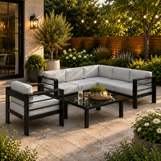 The Geneva 6-Seater Aluminium Corner Lounge Set in Light Grey