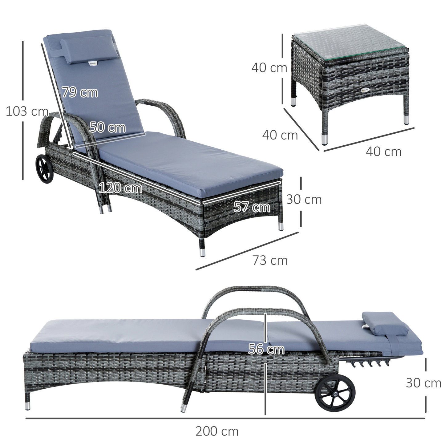 The Marbella 3-Piece Wheeled Sun Lounger Set in Mixed Grey