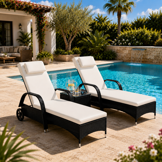 The Marbella 3-Piece Wheeled Sun Lounger Set in Midnight Black
