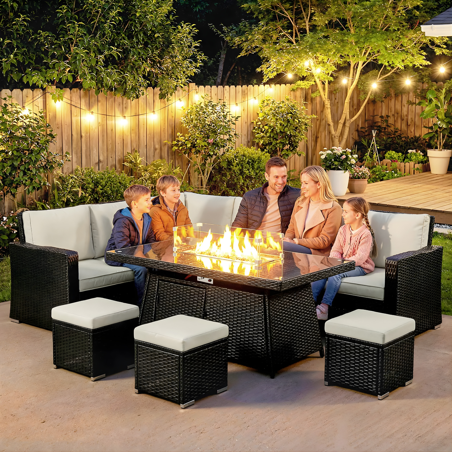 The Monaco 7-Piece Fire Pit Corner Set in Midnight Black & Cream