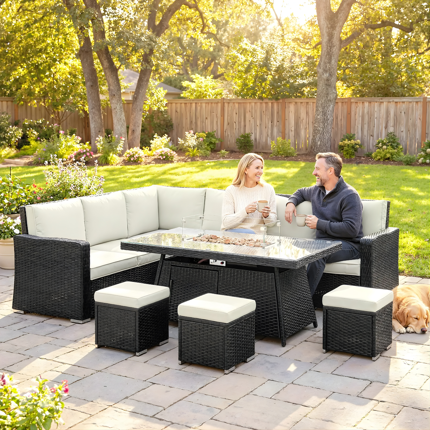The Monaco 7-Piece Fire Pit Corner Set in Midnight Black & Cream