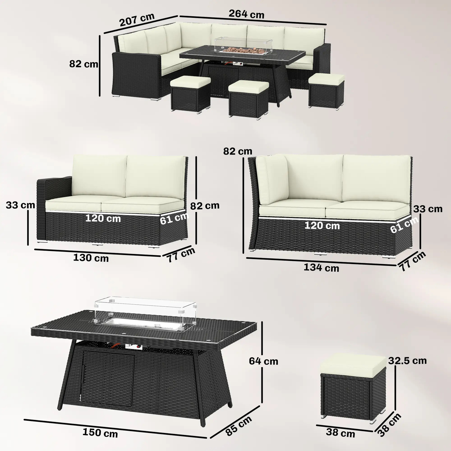 The Monaco 7-Piece Fire Pit Corner Set in Midnight Black & Cream