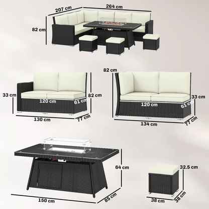 The Monaco 7-Piece Fire Pit Corner Set in Midnight Black & Cream
