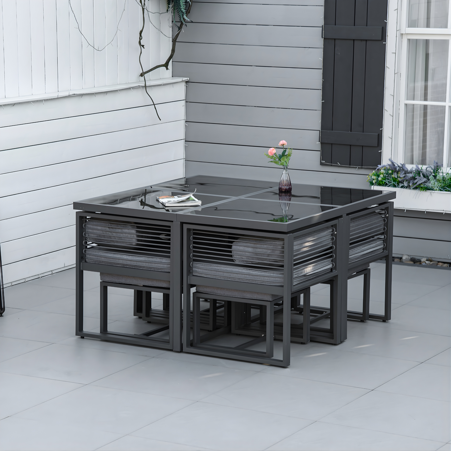 The Siena 9-Piece Architectural Cube Dining Set in Slate Grey