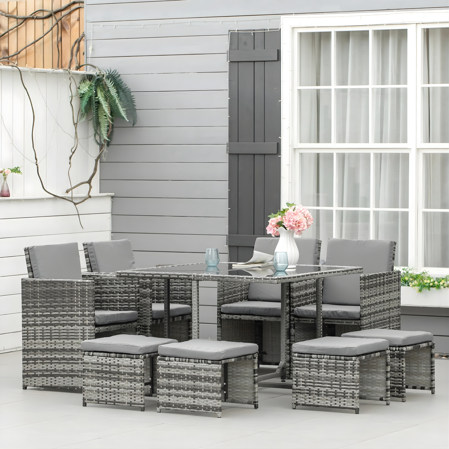 The Torino 9-Piece Rattan Cube Dining Set in Mixed Grey