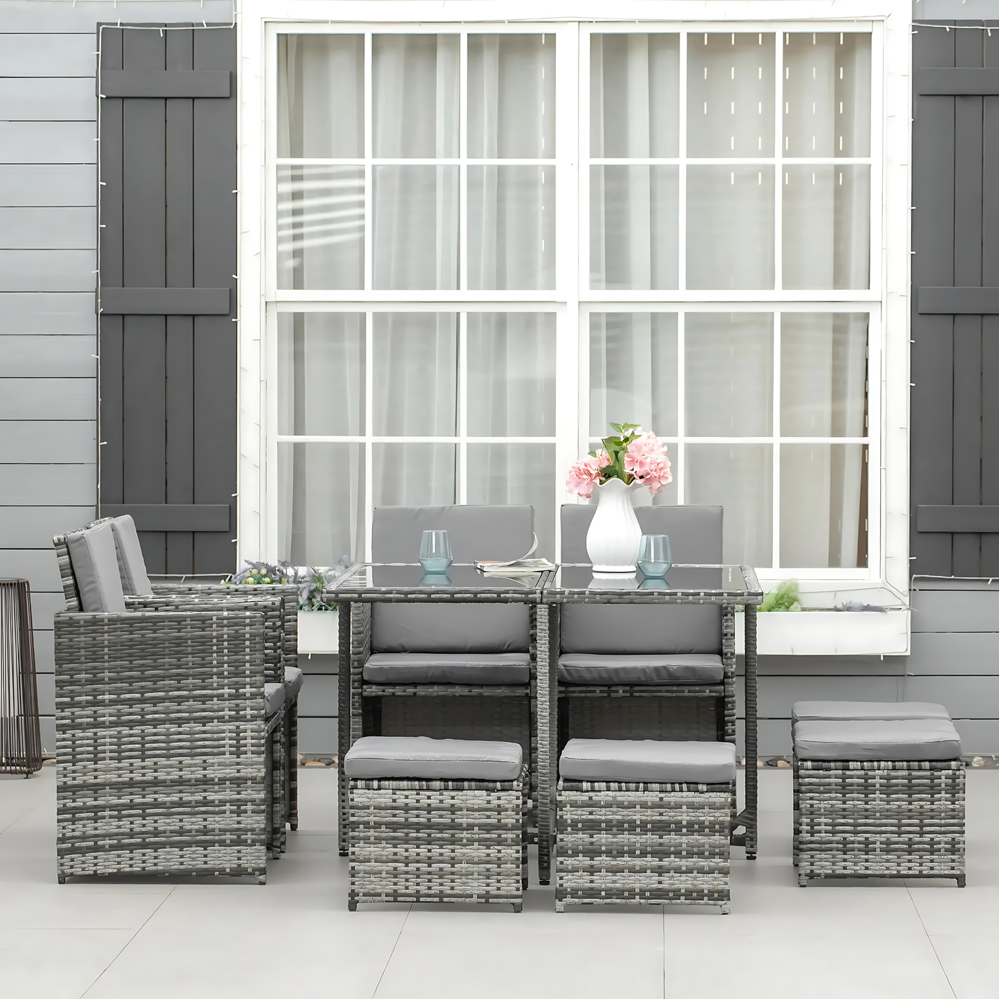 The Torino 9-Piece Rattan Cube Dining Set in Mixed Grey