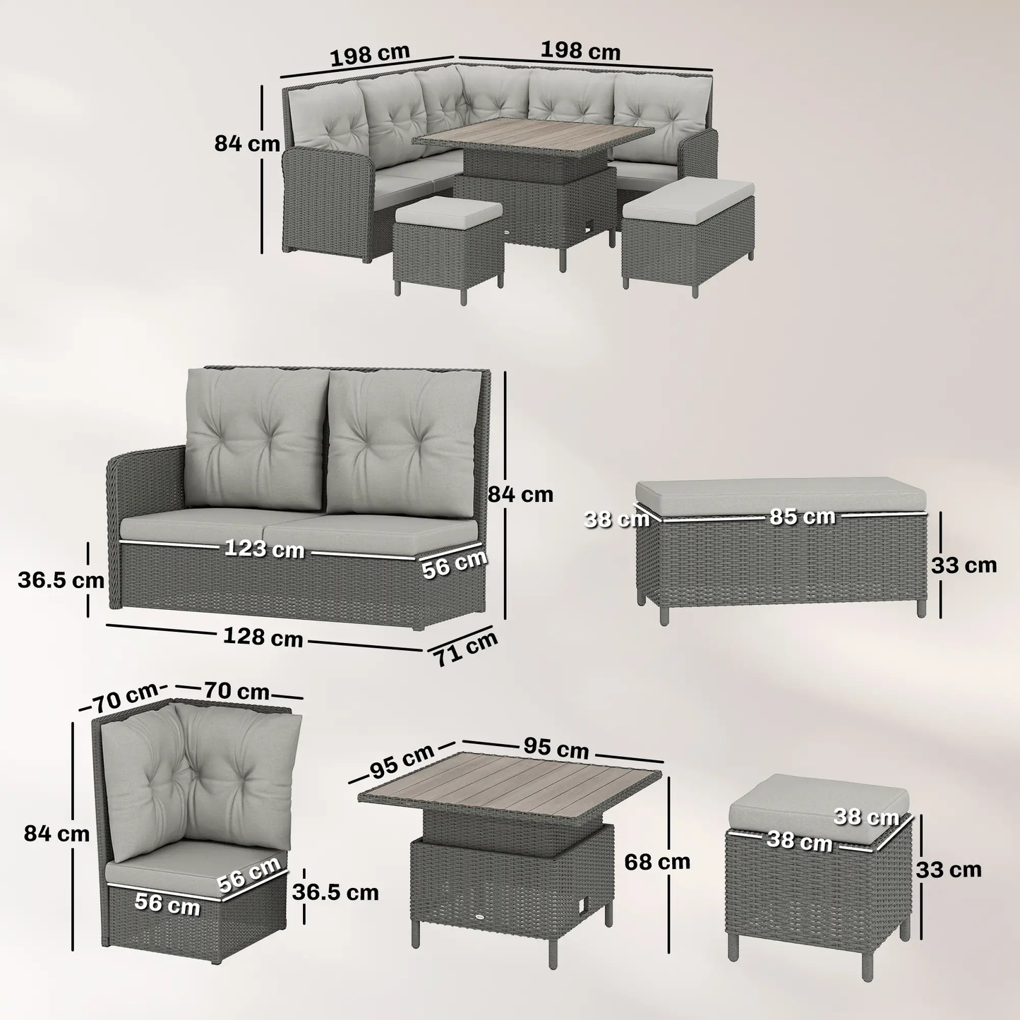 The Verona 6-Piece Rising Table Corner Dining Set in Stone Grey & Cream