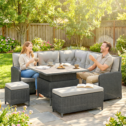 The Verona 6-Piece Rising Table Corner Dining Set in Stone Grey & Cream