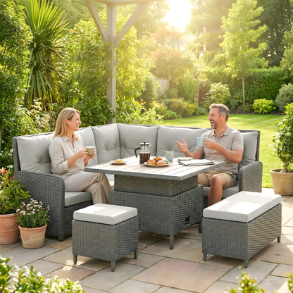 The Verona 6-Piece Rising Table Corner Dining Set in Stone Grey & Cream