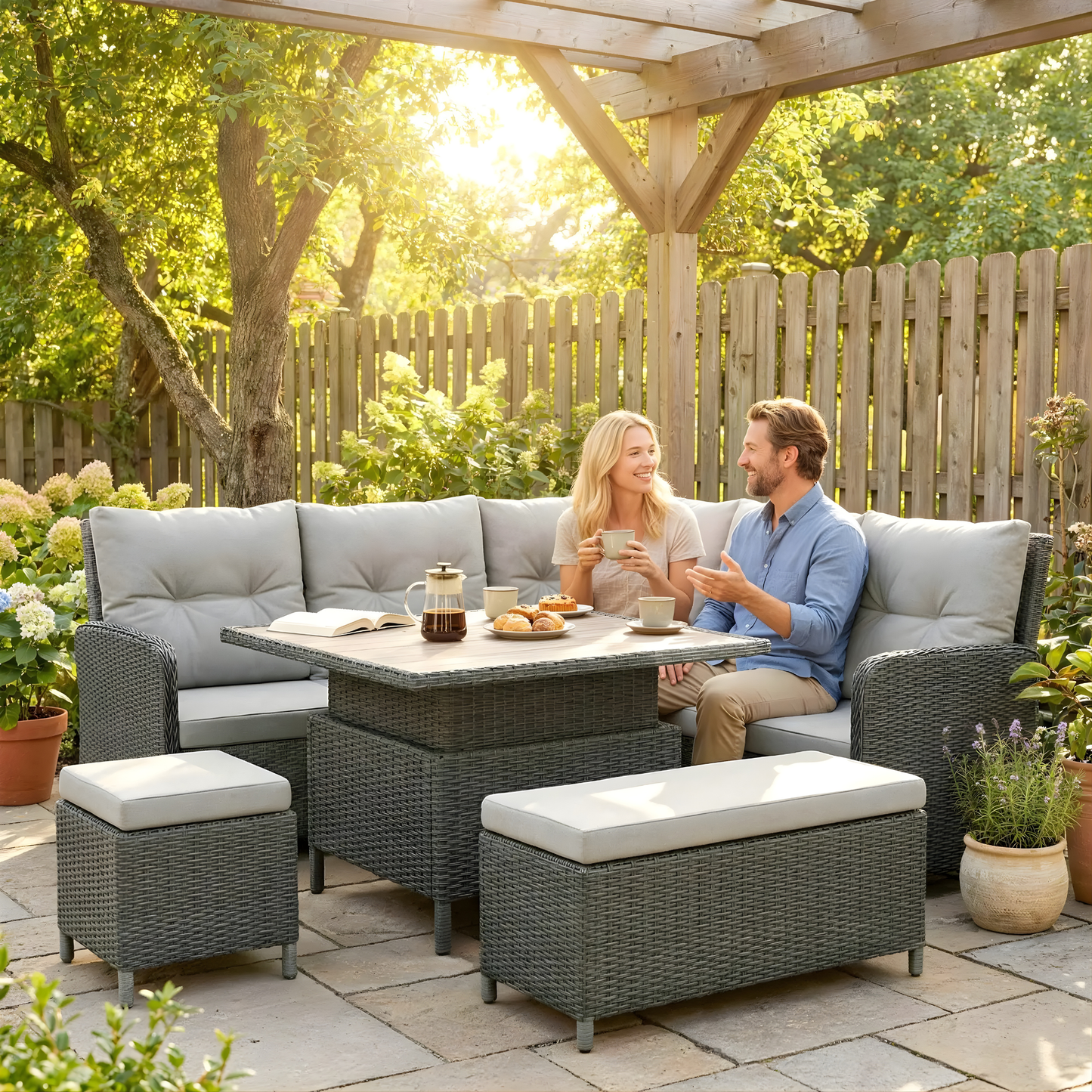 The Verona 6-Piece Rising Table Corner Dining Set in Stone Grey & Cream