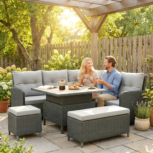 The Verona 6-Piece Rising Table Corner Dining Set in Stone Grey & Cream