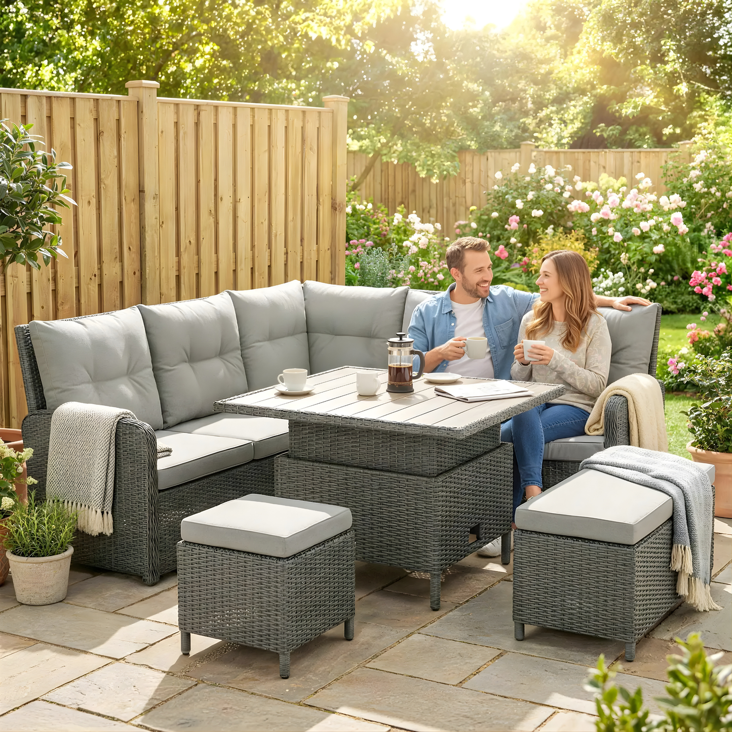 The Verona 6-Piece Rising Table Corner Dining Set in Stone Grey & Cream